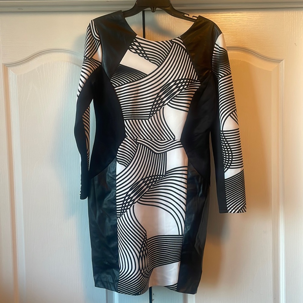 Black and white dress with gold zipper in the back